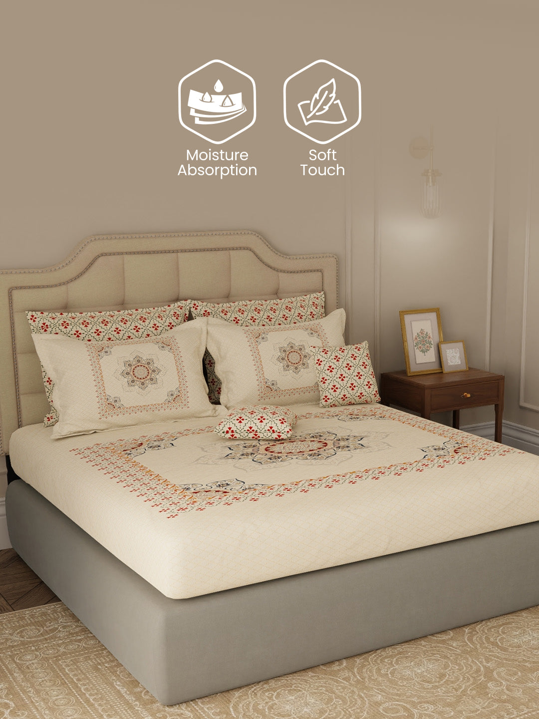 100% Cotton King Bedsheet Set with 4 Pillow Covers & 2 Cushion Covers, 400 TC Beige Ethnic Print, Royal Essence