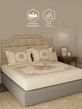 100% Cotton King Bedsheet Set with 4 Pillow Covers & 2 Cushion Covers, 400 TC Beige Ethnic Print, Royal Essence