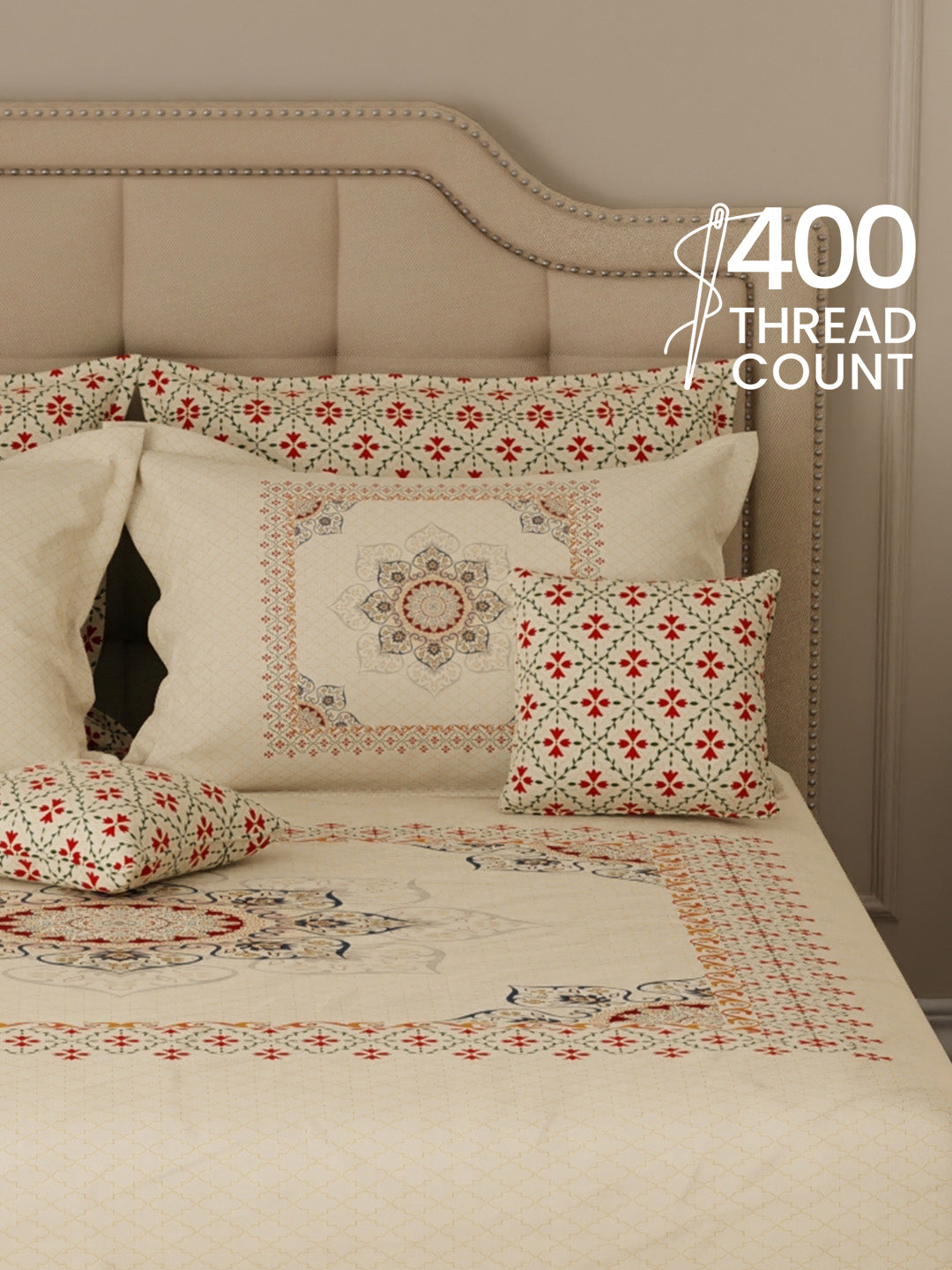 100% Cotton King Bedsheet Set with 4 Pillow Covers & 2 Cushion Covers, 400 TC Beige Ethnic Print, Royal Essence