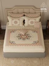 100% Cotton King Bedsheet Set with 4 Pillow Covers & 2 Cushion Covers, 400 TC Beige Ethnic Print, Royal Essence