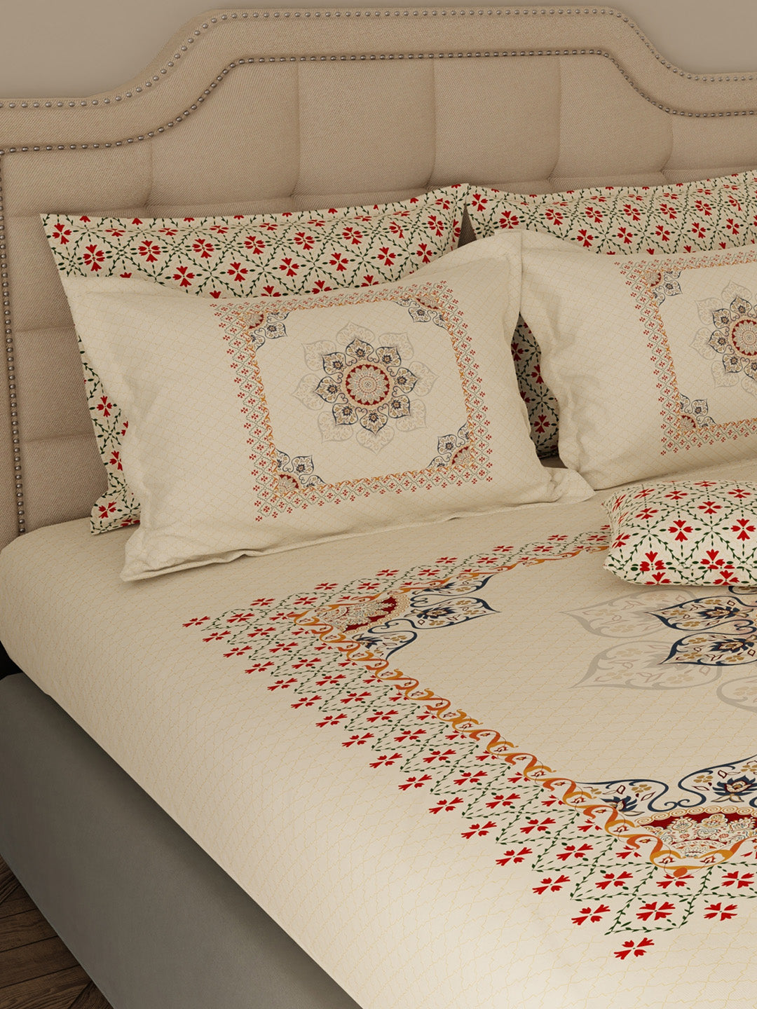100% Cotton King Bedsheet Set with 4 Pillow Covers & 2 Cushion Covers, 400 TC Beige Ethnic Print, Royal Essence