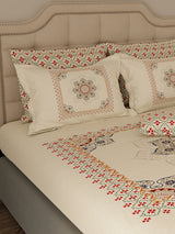 100% Cotton King Bedsheet Set with 4 Pillow Covers & 2 Cushion Covers, 400 TC Beige Ethnic Print, Royal Essence
