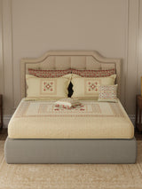100% Cotton King Bedsheet Set with 4 Pillow Covers & 2 Cushion Covers, 400 TC Beige & Red Ethnic Print, Royal Essence