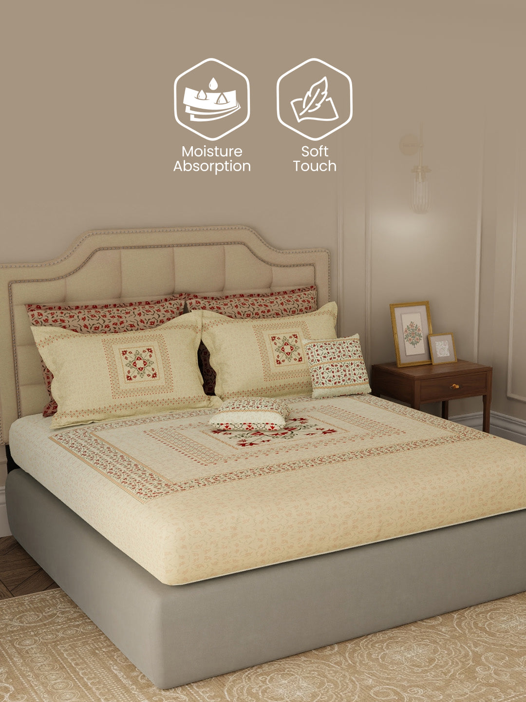 100% Cotton King Bedsheet Set with 4 Pillow Covers & 2 Cushion Covers, 400 TC Beige & Red Ethnic Print, Royal Essence