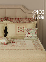100% Cotton King Bedsheet Set with 4 Pillow Covers & 2 Cushion Covers, 400 TC Beige & Red Ethnic Print, Royal Essence