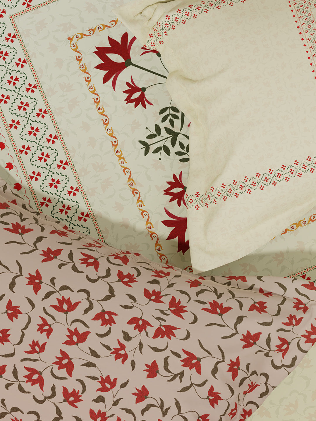 100% Cotton King Bedsheet Set with 4 Pillow Covers & 2 Cushion Covers, 400 TC Beige & Red Ethnic Print, Royal Essence