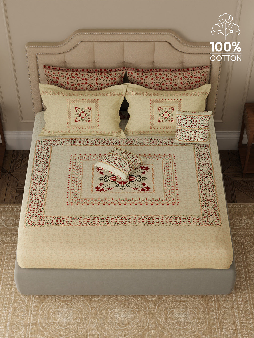 100% Cotton King Bedsheet Set with 4 Pillow Covers & 2 Cushion Covers, 400 TC Beige & Red Ethnic Print, Royal Essence