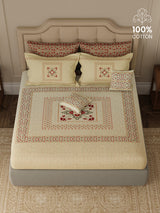 100% Cotton King Bedsheet Set with 4 Pillow Covers & 2 Cushion Covers, 400 TC Beige & Red Ethnic Print, Royal Essence