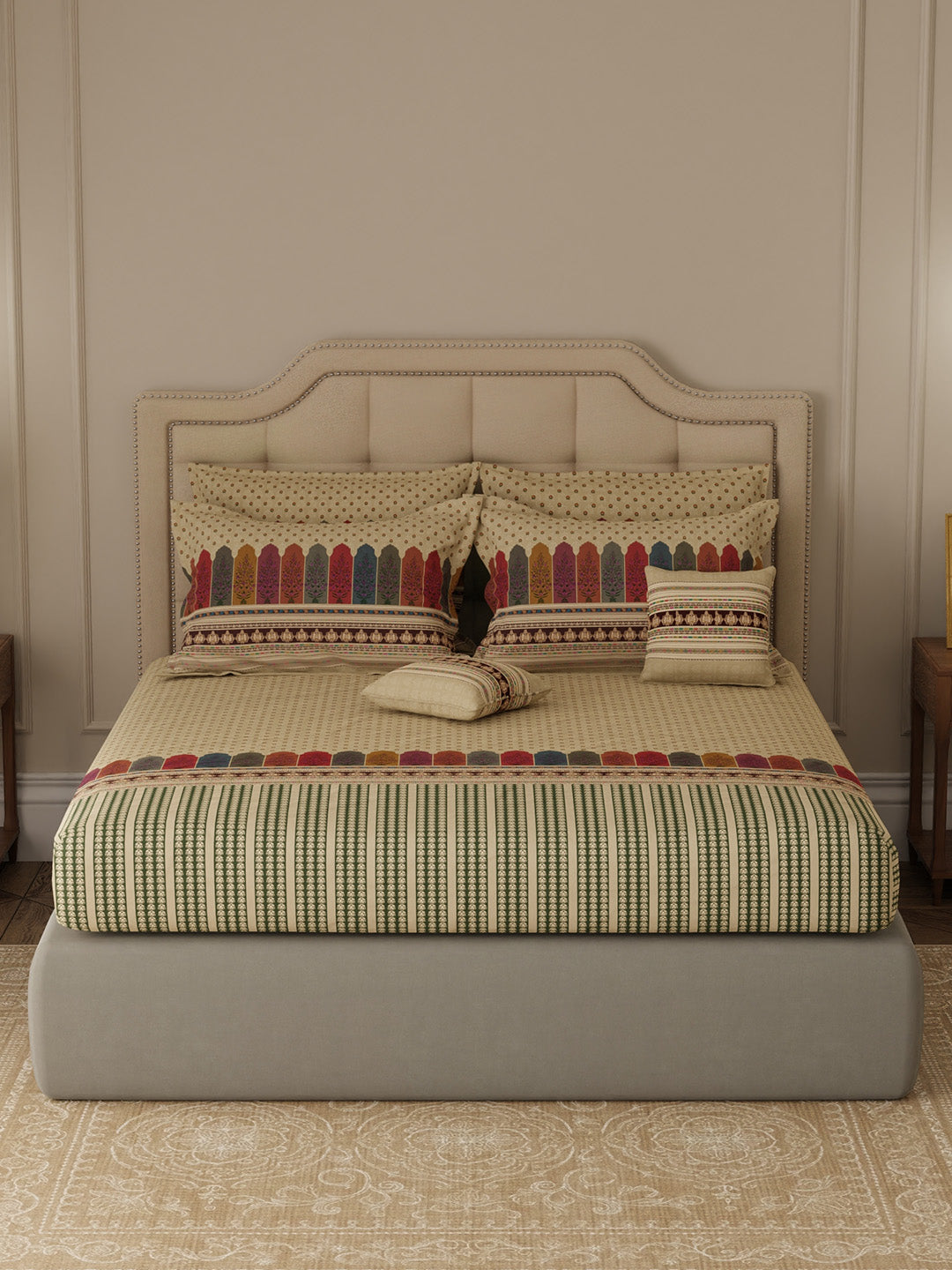 100% Cotton King Bedsheet Set with 4 Pillow Covers & 2 Cushion Covers, 400 TC Cream Ethnic Print, Royal Essence