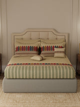 100% Cotton King Bedsheet Set with 4 Pillow Covers & 2 Cushion Covers, 400 TC Cream Ethnic Print, Royal Essence