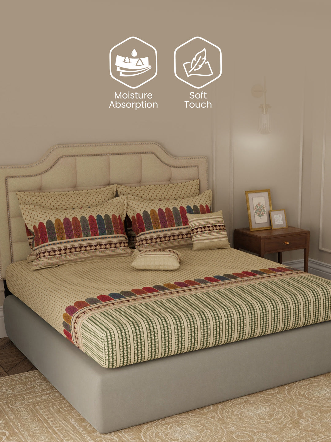 100% Cotton King Bedsheet Set with 4 Pillow Covers & 2 Cushion Covers, 400 TC Cream Ethnic Print, Royal Essence