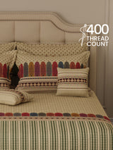 100% Cotton King Bedsheet Set with 4 Pillow Covers & 2 Cushion Covers, 400 TC Cream Ethnic Print, Royal Essence