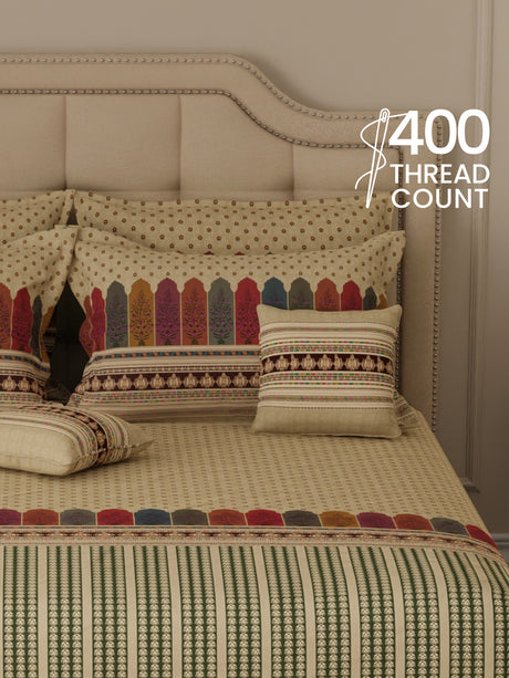 100% Cotton King Bedsheet Set with 4 Pillow Covers & 2 Cushion Covers, 400 TC Cream Ethnic Print, Royal Essence