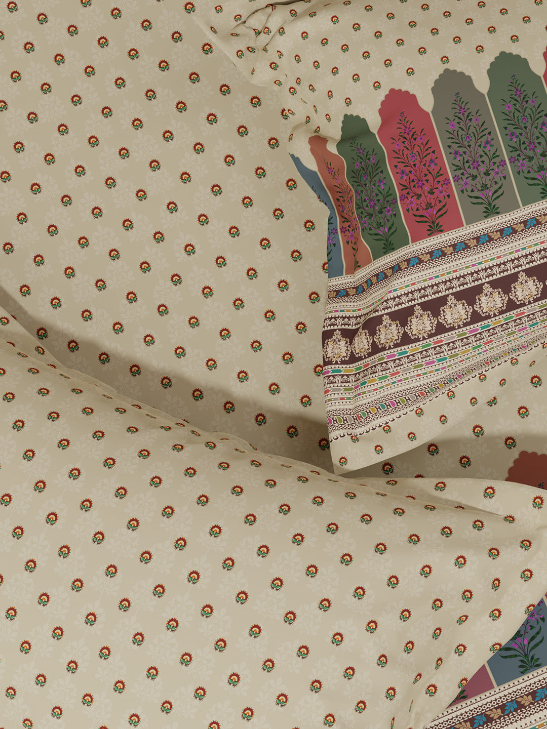100% Cotton King Bedsheet Set with 4 Pillow Covers & 2 Cushion Covers, 400 TC Cream Ethnic Print, Royal Essence
