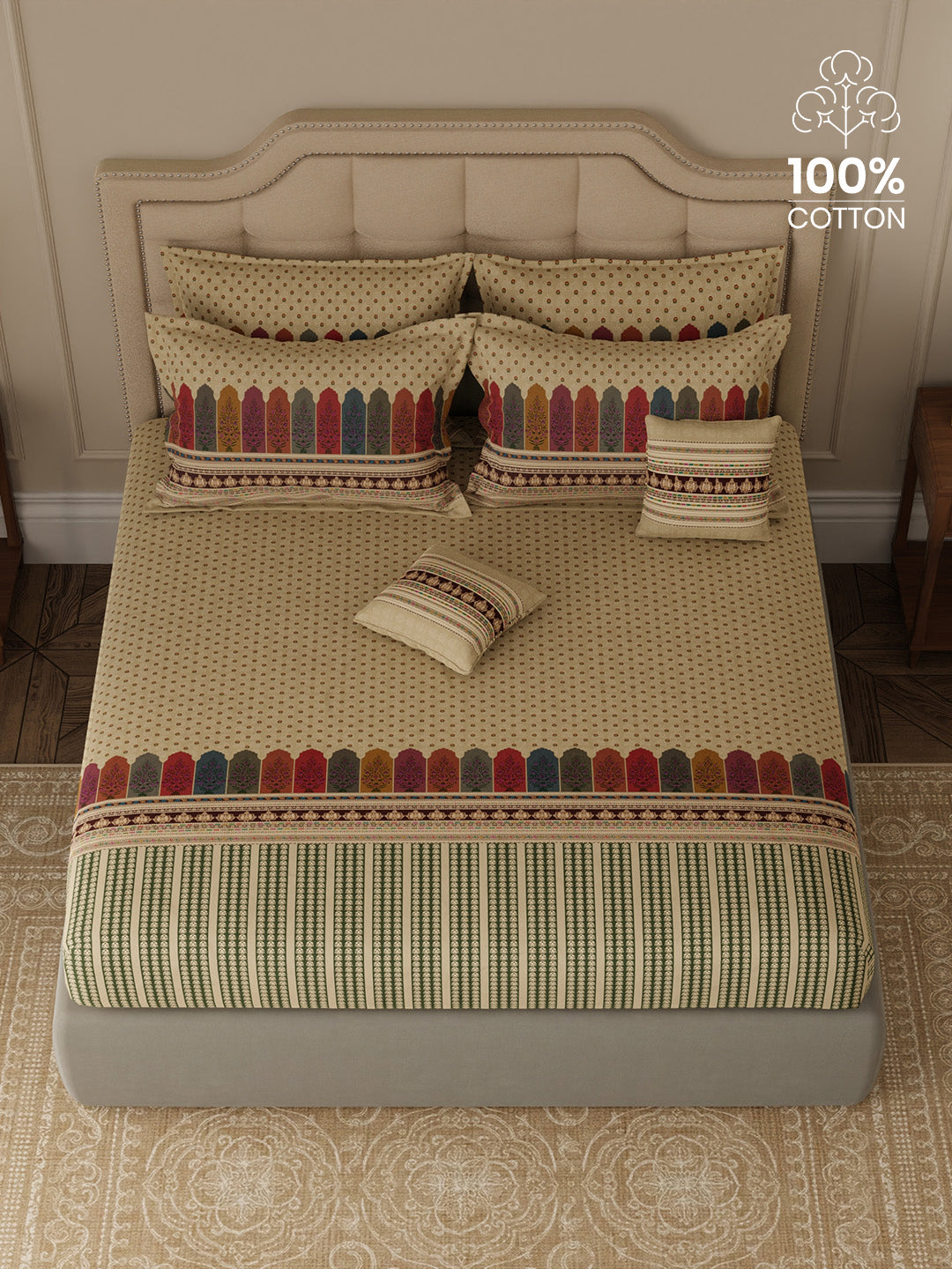 100% Cotton King Bedsheet Set with 4 Pillow Covers & 2 Cushion Covers, 400 TC Cream Ethnic Print, Royal Essence