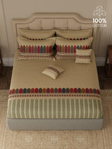 100% Cotton King Bedsheet Set with 4 Pillow Covers & 2 Cushion Covers, 400 TC Cream Ethnic Print, Royal Essence