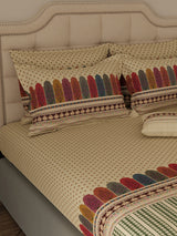 100% Cotton King Bedsheet Set with 4 Pillow Covers & 2 Cushion Covers, 400 TC Cream Ethnic Print, Royal Essence