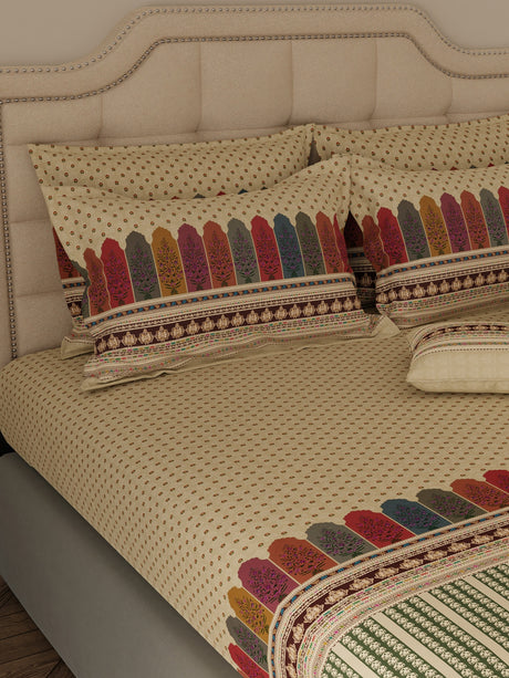100% Cotton King Bedsheet Set with 4 Pillow Covers & 2 Cushion Covers, 400 TC Cream Ethnic Print, Royal Essence