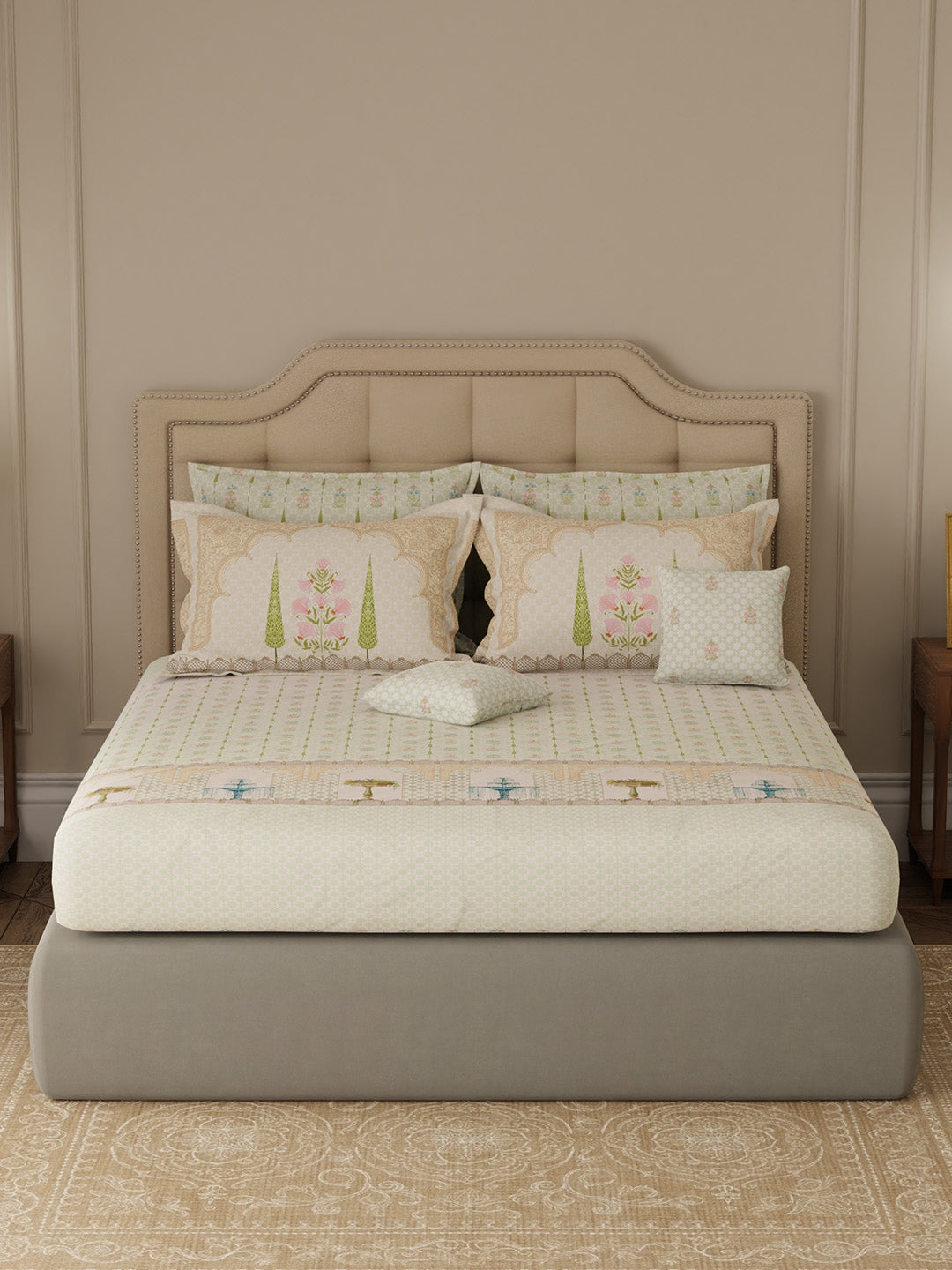 100% Cotton King Bedsheet Set with 4 Pillow Covers & 2 Cushion Covers, 400 TC Green Ethnic Print, Royal Essence