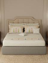 100% Cotton King Bedsheet Set with 4 Pillow Covers & 2 Cushion Covers, 400 TC Green Ethnic Print, Royal Essence