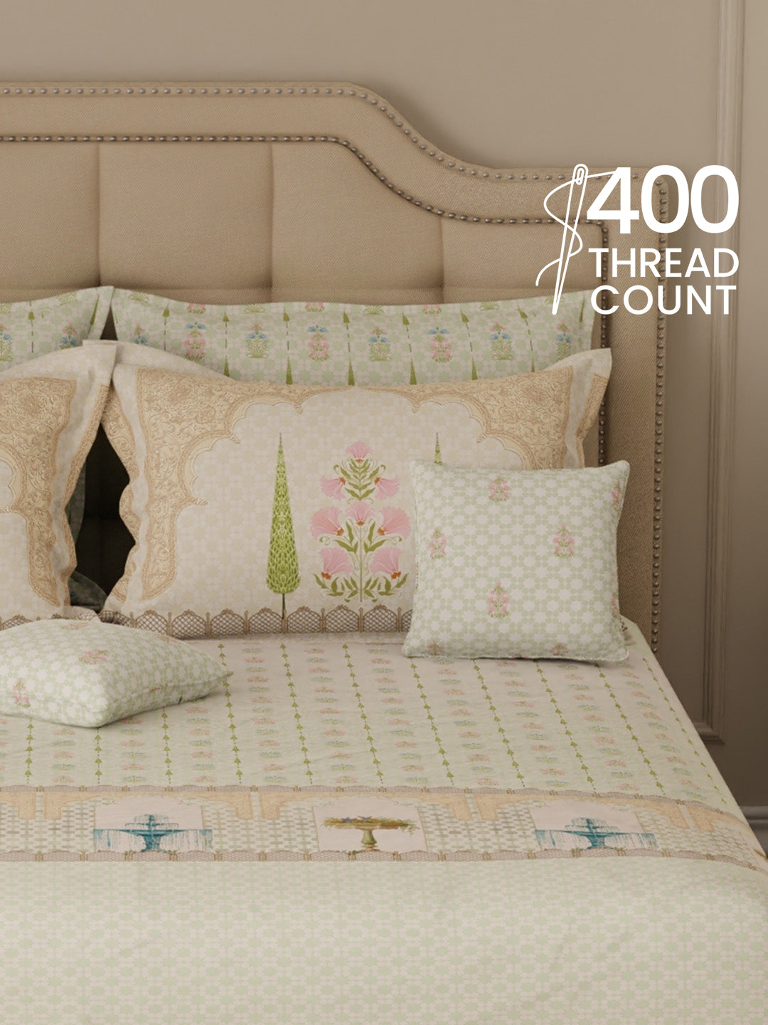 100% Cotton King Bedsheet Set with 4 Pillow Covers & 2 Cushion Covers, 400 TC Green Ethnic Print, Royal Essence