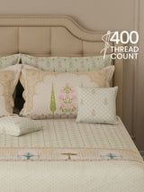 100% Cotton King Bedsheet Set with 4 Pillow Covers & 2 Cushion Covers, 400 TC Green Ethnic Print, Royal Essence