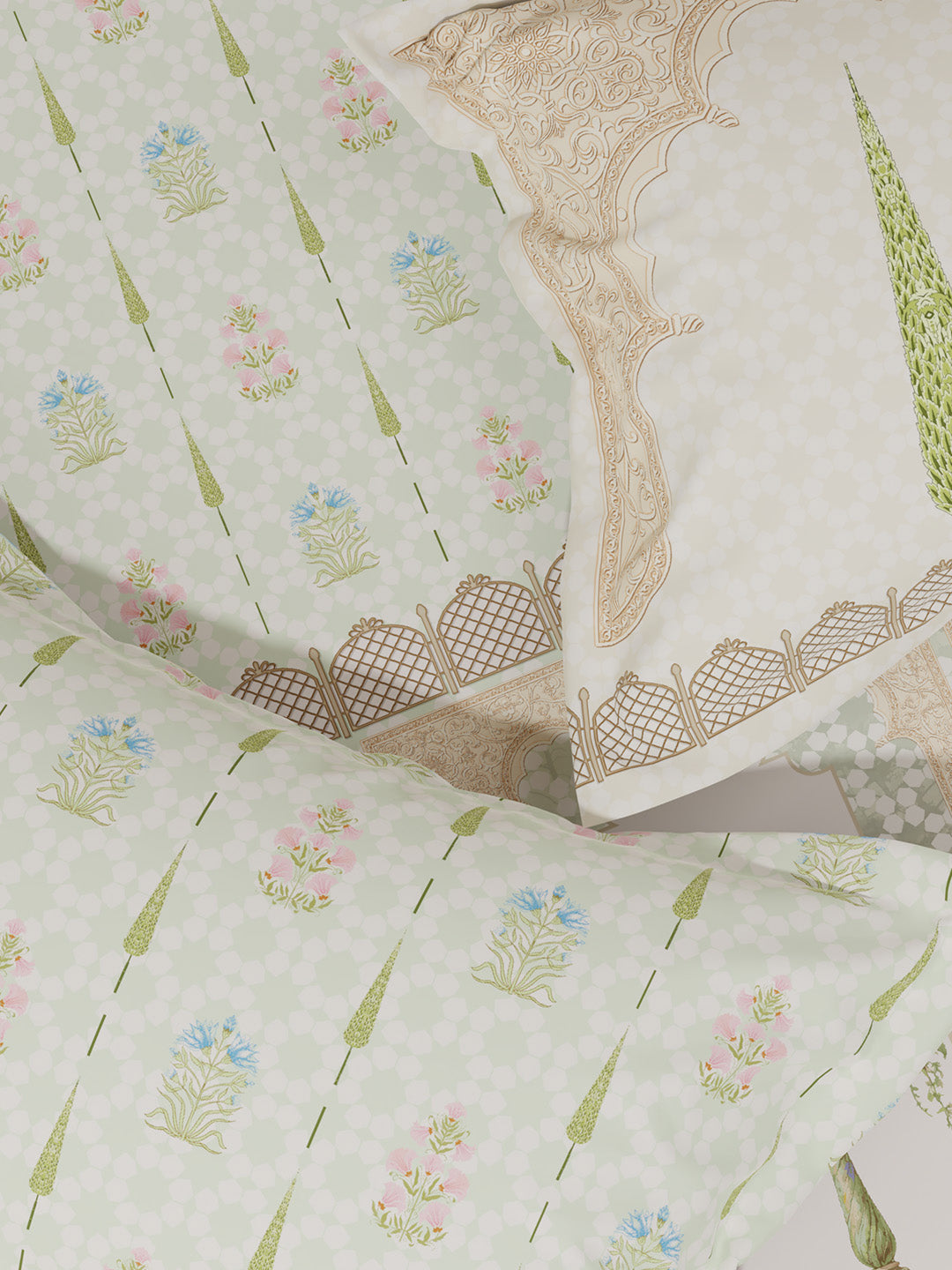 100% Cotton King Bedsheet Set with 4 Pillow Covers & 2 Cushion Covers, 400 TC Green Ethnic Print, Royal Essence