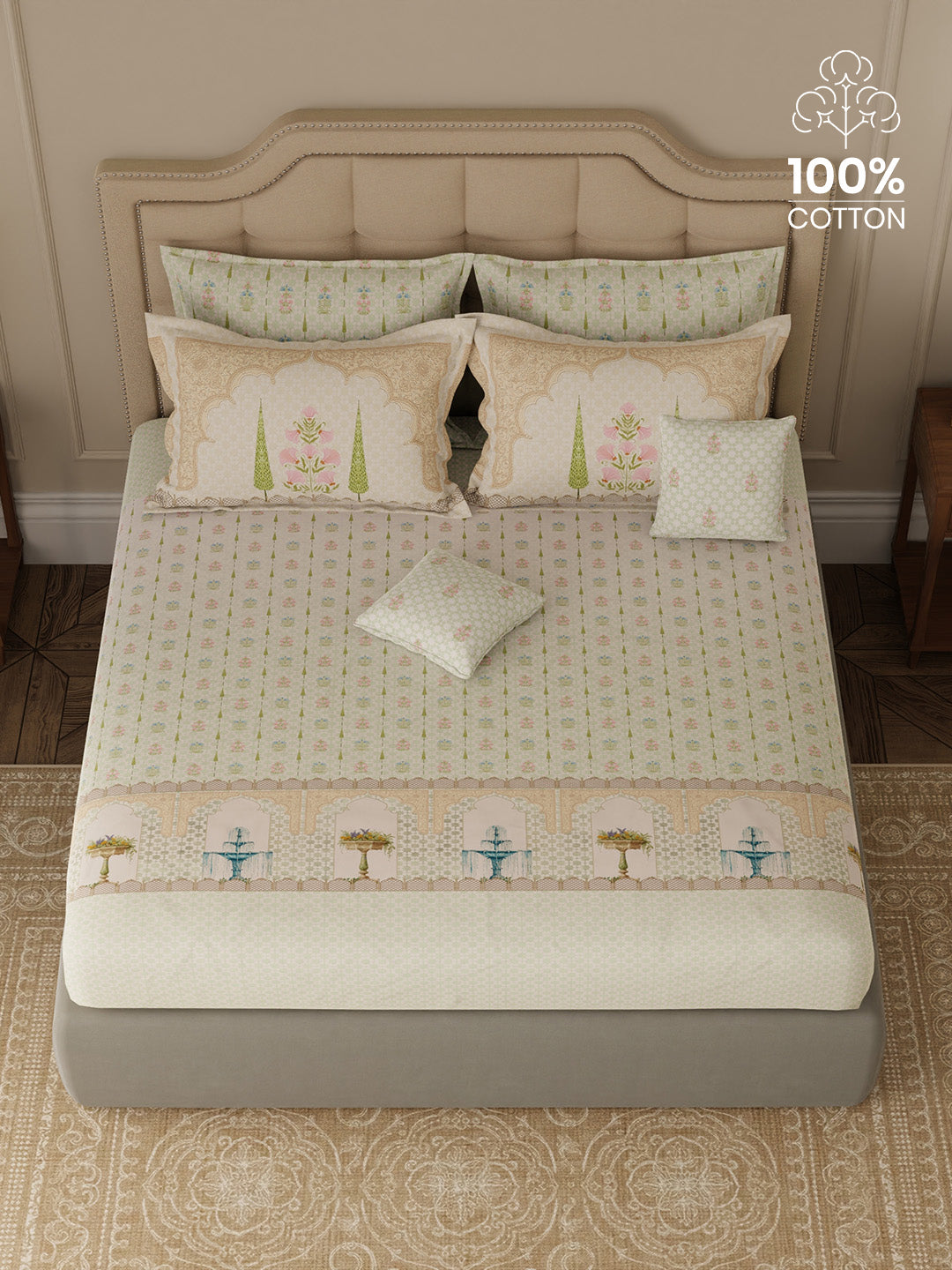 100% Cotton King Bedsheet Set with 4 Pillow Covers & 2 Cushion Covers, 400 TC Green Ethnic Print, Royal Essence