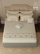 100% Cotton King Bedsheet Set with 4 Pillow Covers & 2 Cushion Covers, 400 TC Green Ethnic Print, Royal Essence