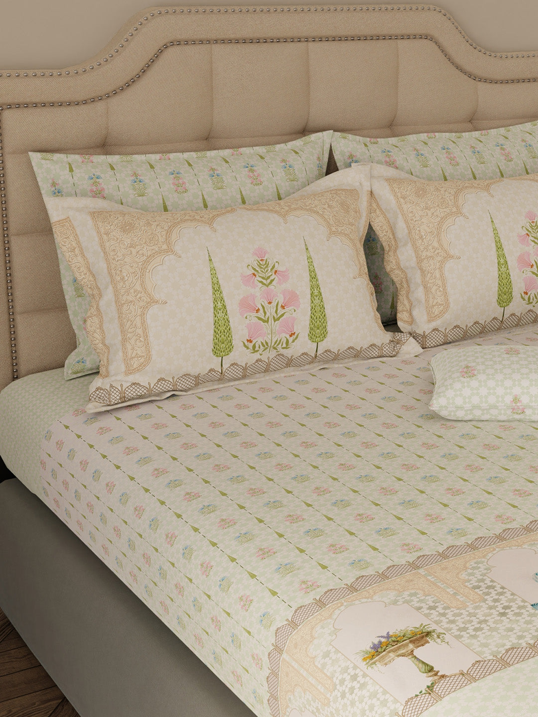 100% Cotton King Bedsheet Set with 4 Pillow Covers & 2 Cushion Covers, 400 TC Green Ethnic Print, Royal Essence