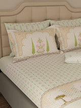 100% Cotton King Bedsheet Set with 4 Pillow Covers & 2 Cushion Covers, 400 TC Green Ethnic Print, Royal Essence