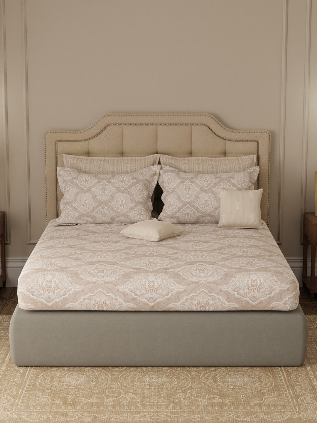 100% Cotton King Bedsheet Set with 4 Pillow Covers & 2 Cushion Covers, 400 TC Grey Ethnic Print, Royal Essence