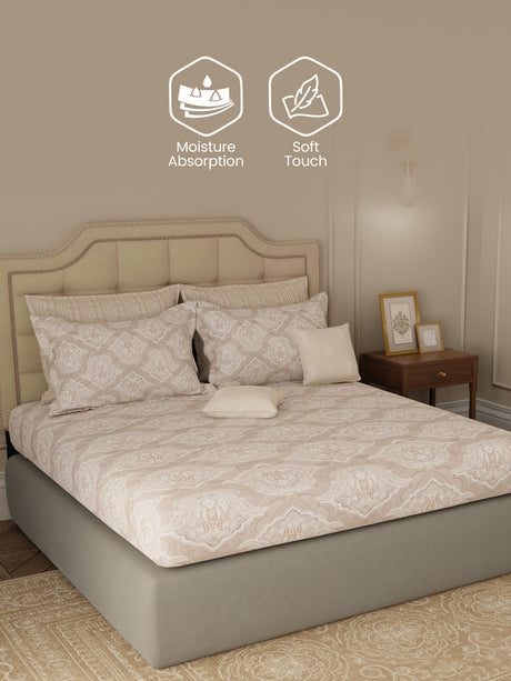 100% Cotton King Bedsheet Set with 4 Pillow Covers & 2 Cushion Covers, 400 TC Grey Ethnic Print, Royal Essence