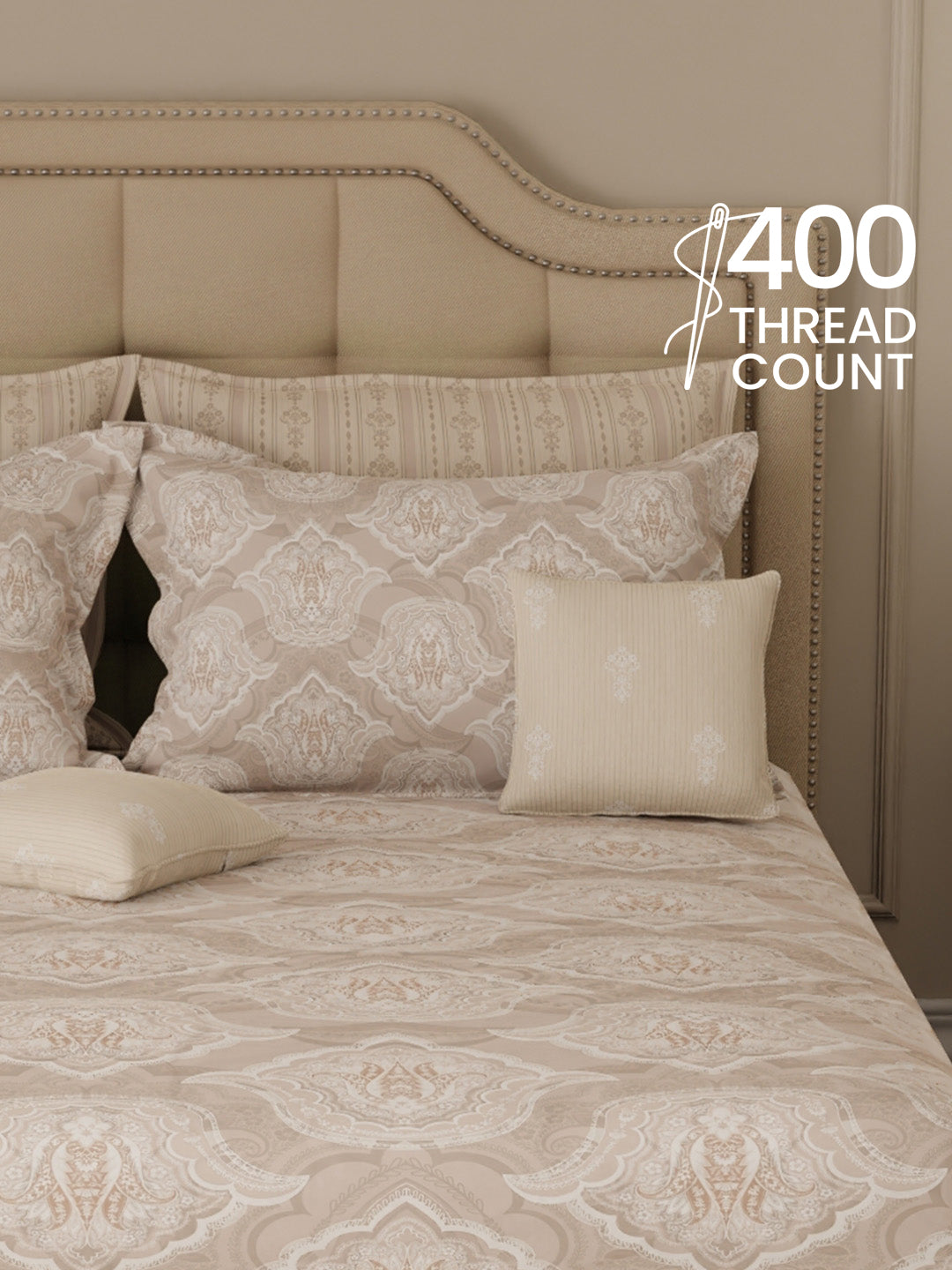 100% Cotton King Bedsheet Set with 4 Pillow Covers & 2 Cushion Covers, 400 TC Grey Ethnic Print, Royal Essence