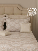 100% Cotton King Bedsheet Set with 4 Pillow Covers & 2 Cushion Covers, 400 TC Grey Ethnic Print, Royal Essence