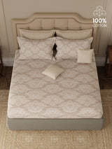 100% Cotton King Bedsheet Set with 4 Pillow Covers & 2 Cushion Covers, 400 TC Grey Ethnic Print, Royal Essence