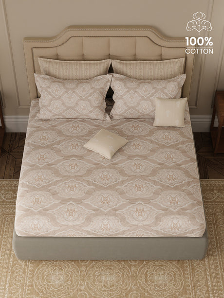 100% Cotton King Bedsheet Set with 4 Pillow Covers & 2 Cushion Covers, 400 TC Grey Ethnic Print, Royal Essence