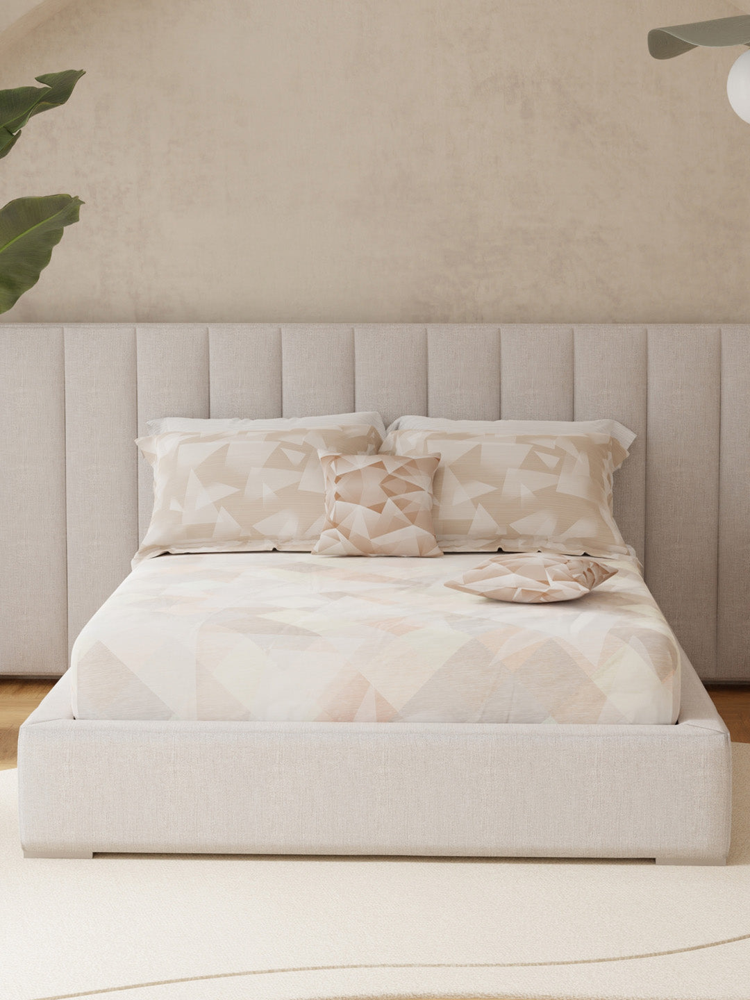 100% Cotton King Bedsheet Set with 4 Pillow Covers & 2 Cushion Covers, 400 TC Beige Geometrical, Royal Essence