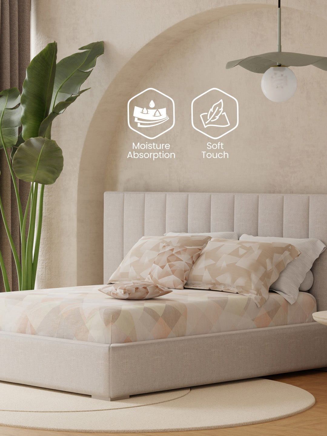 100% Cotton King Bedsheet Set with 4 Pillow Covers & 2 Cushion Covers, 400 TC Beige Geometrical, Royal Essence