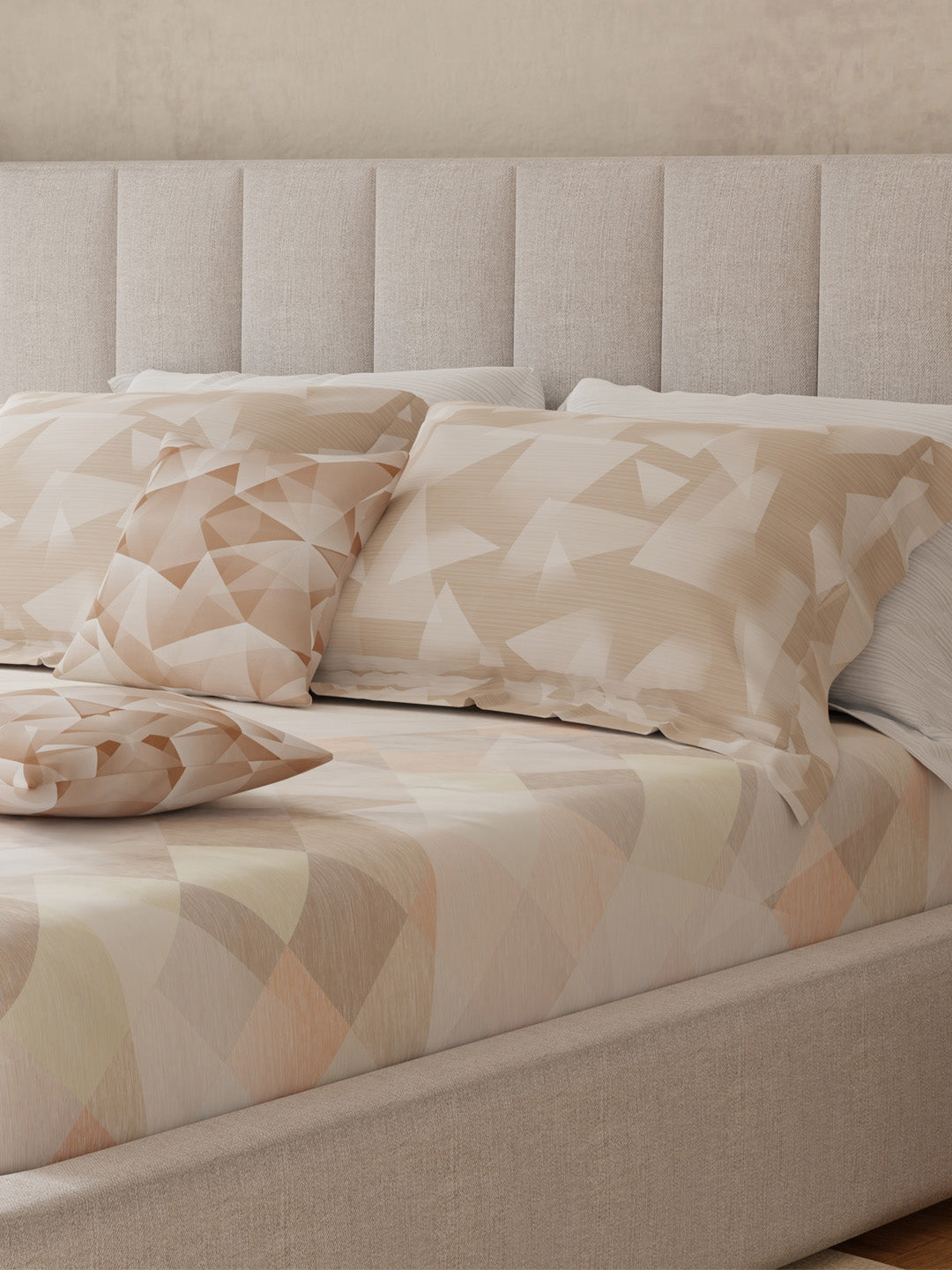100% Cotton King Bedsheet Set with 4 Pillow Covers & 2 Cushion Covers, 400 TC Beige Geometrical, Royal Essence