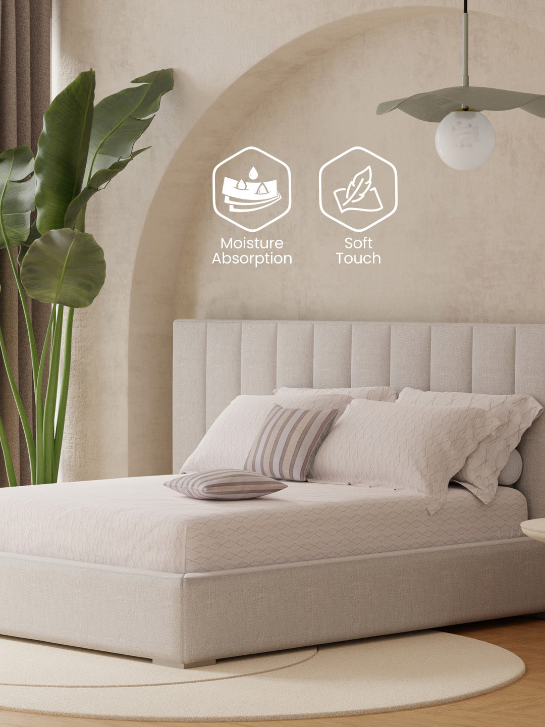 100% Cotton King Bedsheet Set with 4 Pillow Covers & 2 Cushion Covers, 400 TC Cream Geometrical, Royal Essence