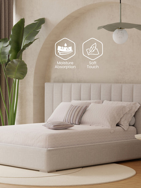 100% Cotton King Bedsheet Set with 4 Pillow Covers & 2 Cushion Covers, 400 TC Cream Geometrical, Royal Essence
