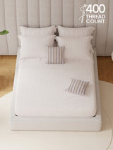 100% Cotton King Bedsheet Set with 4 Pillow Covers & 2 Cushion Covers, 400 TC Cream Geometrical, Royal Essence