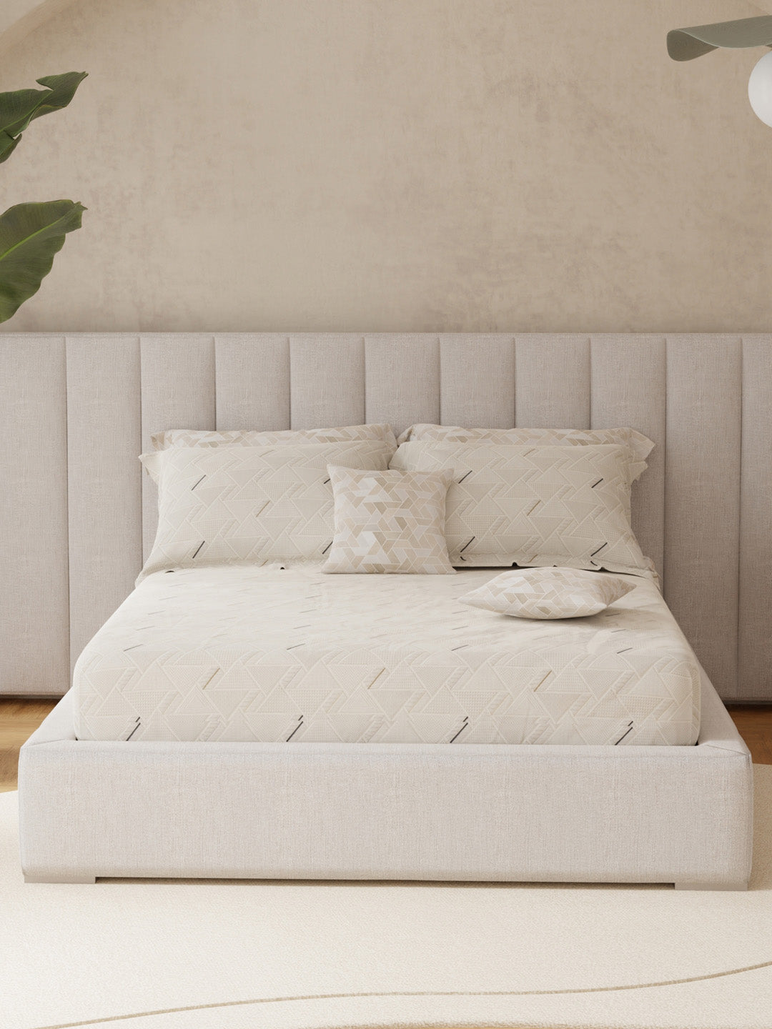 100% Cotton King Bedsheet Set with 4 Pillow Covers & 2 Cushion Covers, 400 TC Beige Geometrical, Royal Essence