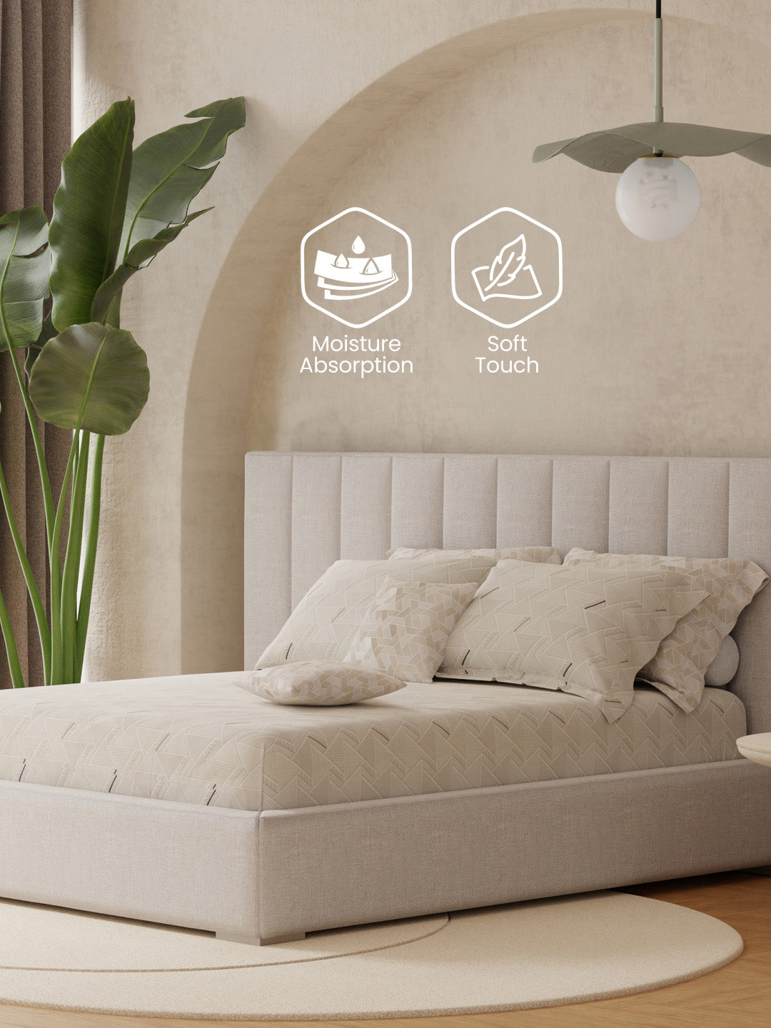 100% Cotton King Bedsheet Set with 4 Pillow Covers & 2 Cushion Covers, 400 TC Beige Geometrical, Royal Essence