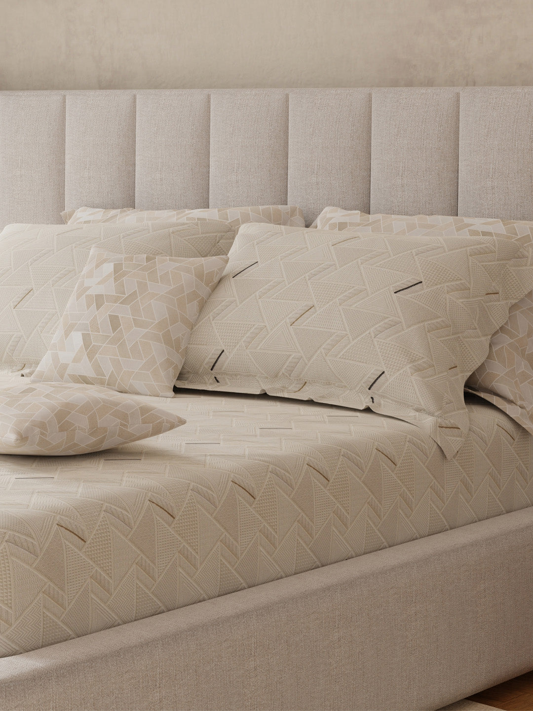 100% Cotton King Bedsheet Set with 4 Pillow Covers & 2 Cushion Covers, 400 TC Beige Geometrical, Royal Essence