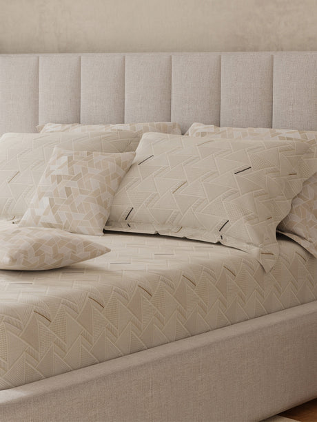 100% Cotton King Bedsheet Set with 4 Pillow Covers & 2 Cushion Covers, 400 TC Beige Geometrical, Royal Essence