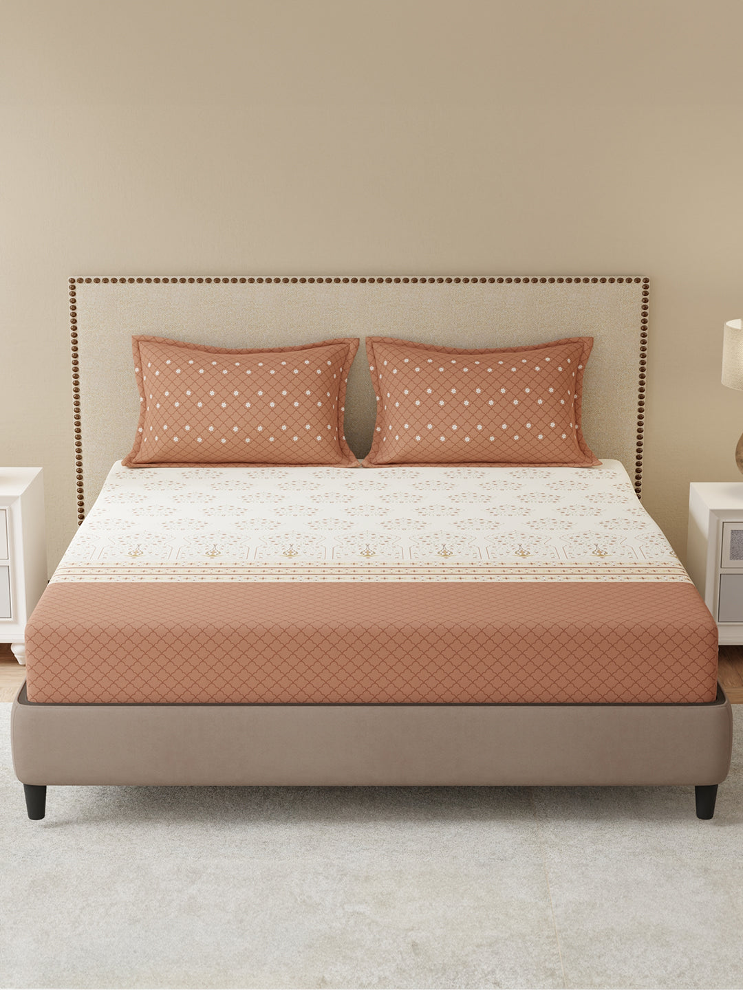 King Bedsheet Set, 100% Cotton 200 TC, Brown Floral, Valatia Tarang