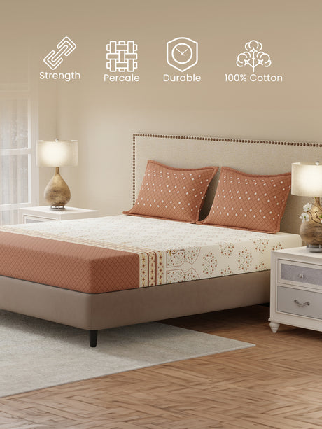 King Bedsheet Set, 100% Cotton 200 TC, Brown Floral, Valatia Tarang