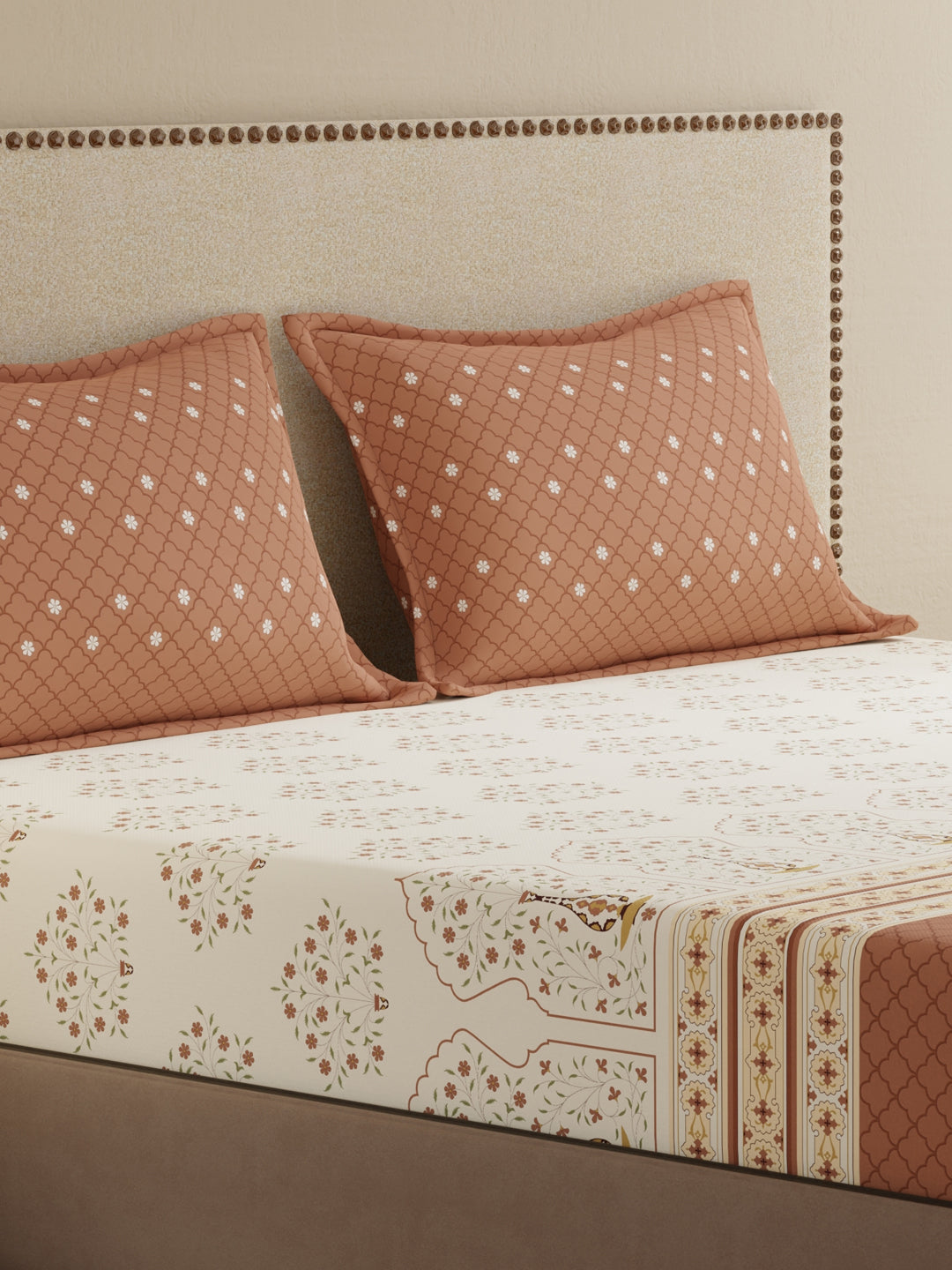 King Bedsheet Set, 100% Cotton 200 TC, Brown Floral, Valatia Tarang